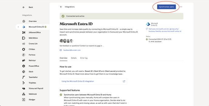Huma Integrations - Entra ID - Completed - Focus on synchronize button