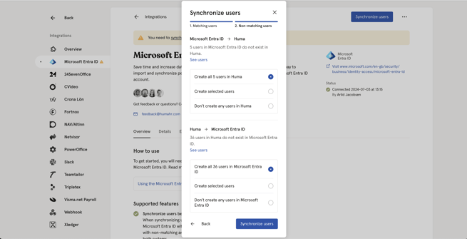 Huma Integrations - Entra ID - Synchronize - Step 2