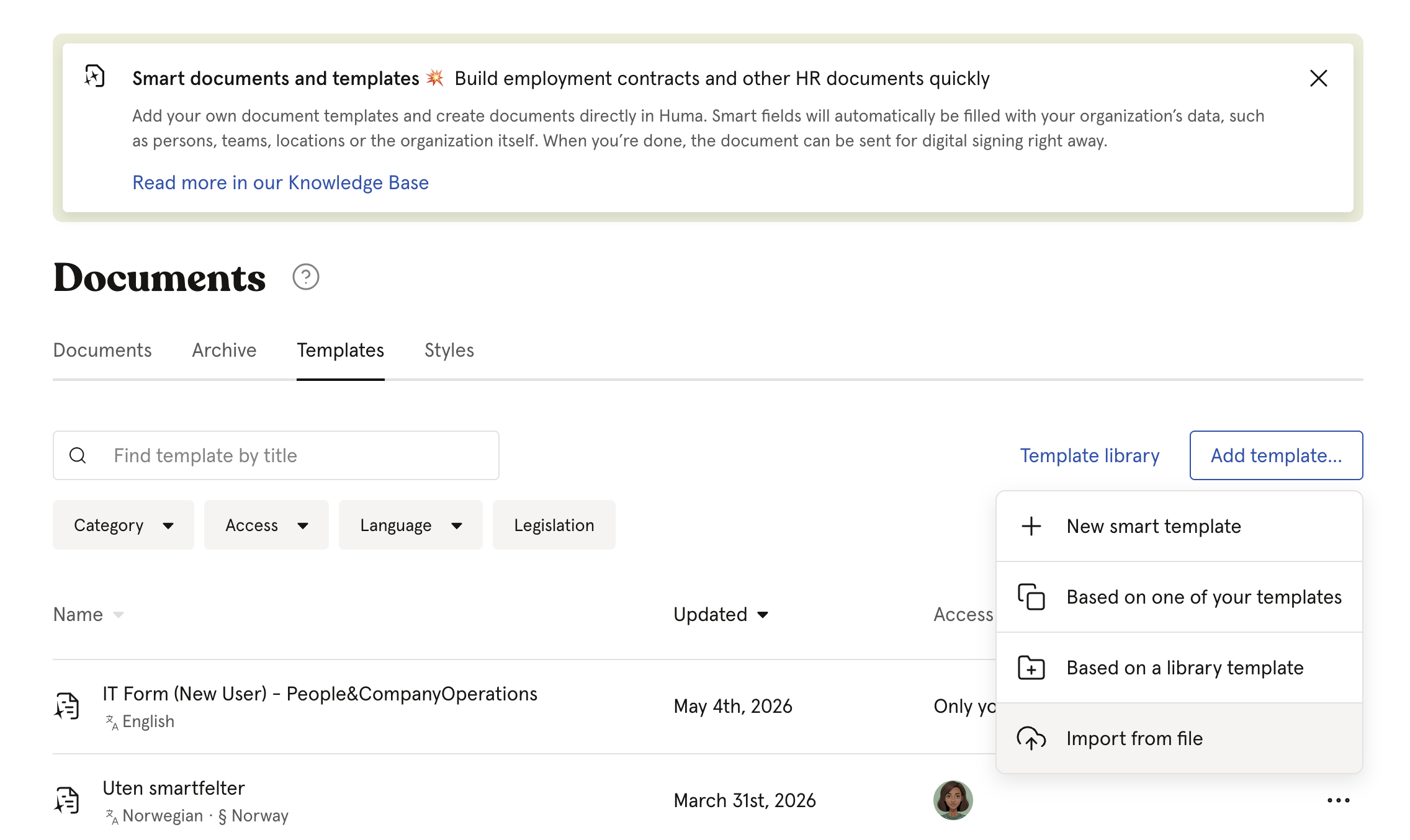 Own Template Create and manage document templates